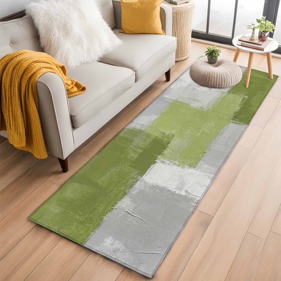 Sage Green Abstract 2'x6' Runner Rugs for Hallway Kitchen Bedside Non Slip Washable, Grey Geometric Oil Painting Vintage Entryway Rug Runners with Rubber Backing, Long Carpet Runner for Laundry Room