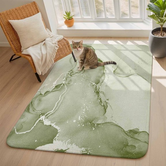 Sage Green Abstract Area Rugs for Living Room 5x6, Silver Marble Ripples Clouds Luxury Washable Area Rug with Non Slip Backing, Stain Resist Linen Carpet for Bedroom, Dining Room, Entryway, Entrance
