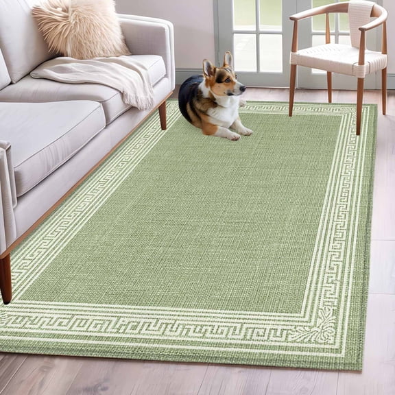 Sage Green Abstract Art 2.7x5 Rug for Office Desk Chair Area Small Bedroom, Greek Key Vintage Linen Geometric Washable Non Slip Rectangle Area Rug