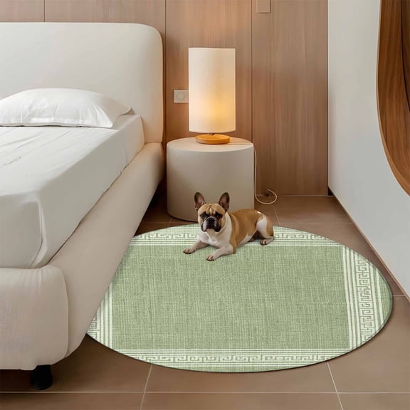 Sage Green Abstract Art 3ft Round Rug for Bathroom Accent Bedside Corner, Greek Key Vintage Linen Geometric Washable Non Slip Circle Area Rug for Small Spaces