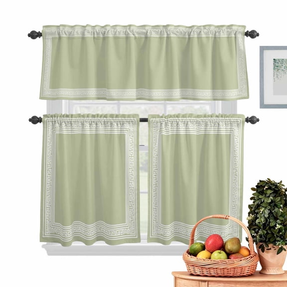 Sage Green Abstract Art Kitchen Curtains Valances 3 Piece Set, Geometric Greek Key Country Farm Rod Pocket Tier Curtain and Valance Drapes for Small Window 24 Inch Length for Bedroom Cafe
