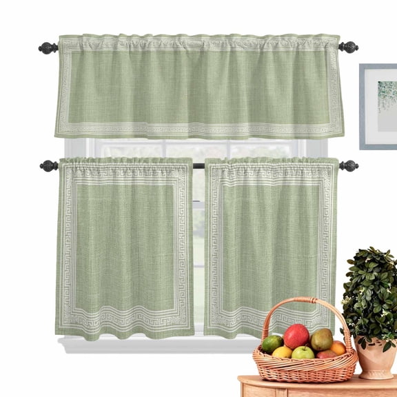 Sage Green Abstract Art Kitchen Curtains Valances 3 Piece Set, Vintage Linen Greek Key Geometric Rod Pocket Tier Curtain and Valance Drapes for Small Window 24 Inch Length for Bedroom Cafe