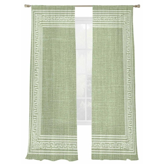 Sage Green Abstract Art Sheer Curtains for Living Room Bedroom, Greek Key Vintage Linen Geometric Light Filtering Sheer Curtains, Rod Pocket Voile Window Drapes, 2 Panels Set 52"x 108"