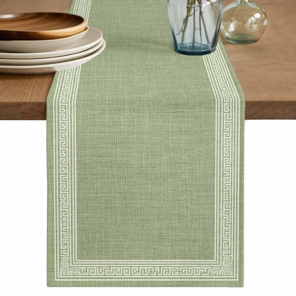 Sage Green Abstract Art Table Runner, Greek Key Vintage Linen Geometric Cotton Linen Kitchen Table Decoration Washable Dining Tabletop Runners for Home Party Decor 13x48 Inches