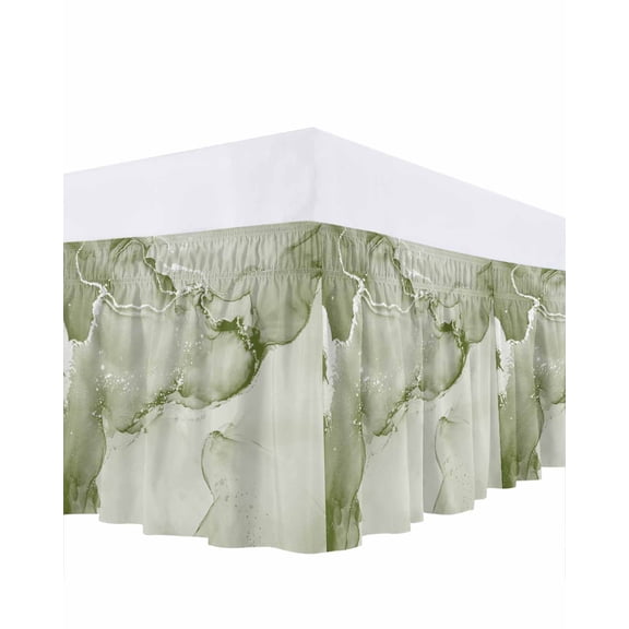 Sage Green Abstract Bed Skirt Silver Marble Ripples Clouds Luxury Bed Skirts King Size 18 Inch Drop, Wrap Around Dust Ruffle Bedskirt with Adjustable Elastic Belt for Queen Size Beds