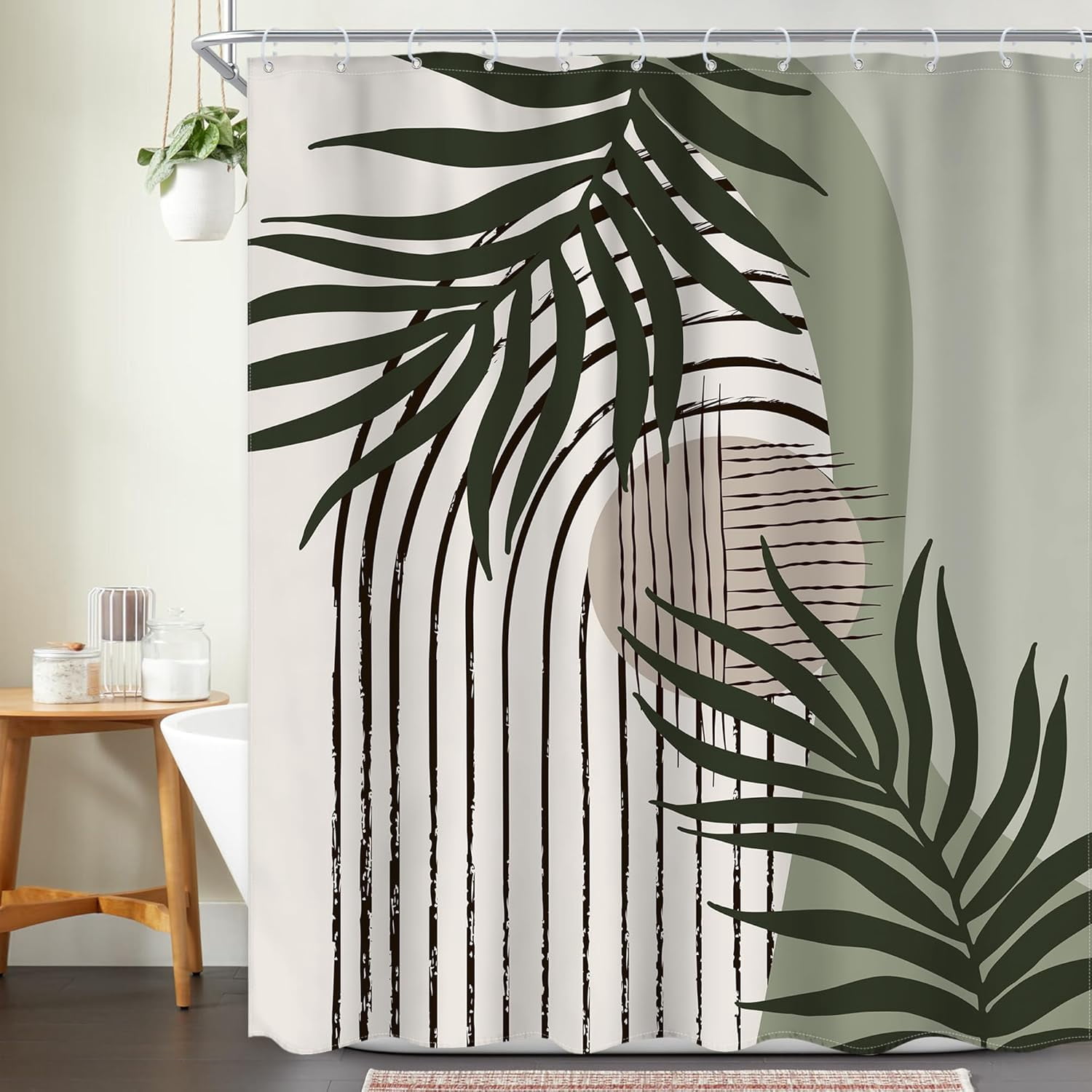 Sage Green Abstract Boho Leaves Shower Curtain 72Wx72L Inch Mid Century Modern Geometric Sun Arch Minimalist Shower Curtain Bathroom Set Retro Plant Bath Curtain Bathtub Accessories Home Decor