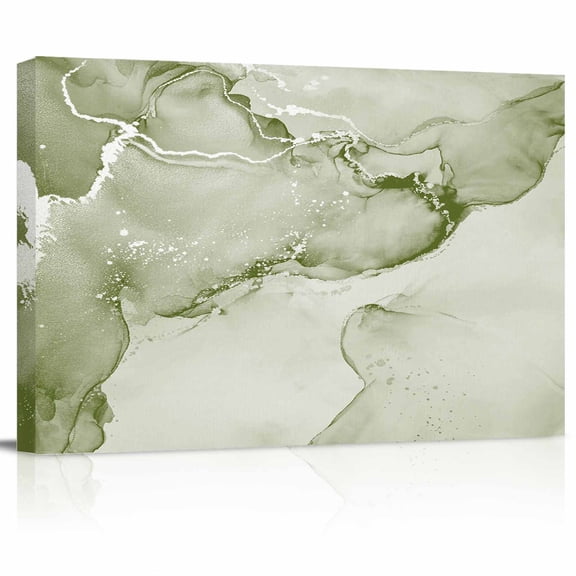 Sage Green Abstract Canvas Print Wall Art Silver Marble Ripples Clouds Luxury Pictures Painting Morden Artwork for Living Room Bedroom, Ready to Hang - 12"x16"