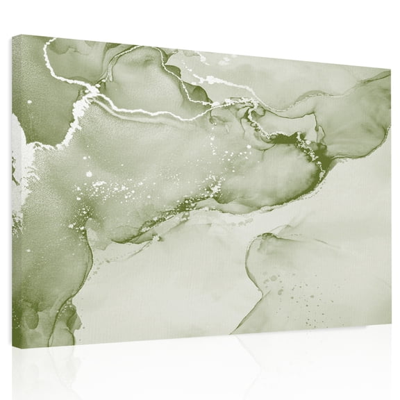 Sage Green Abstract Canvas Print Wall Art, Silver Marble Ripples Clouds Luxury Wall Decor Modern Artwork Paintings Pictures for Living Room Framed and Stretched Ready to Hang, 12" x 16"