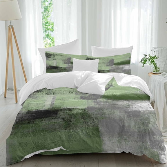 Sage Green Abstract Duvet Cover Set Twin Size Modern Green Gray Brush Strokes Texture Soft Lightweight Comforter Covers 4 Piece Bedding Set with 1 Duvet Cover 1 Bed Sheet & 2 Pillow Shams