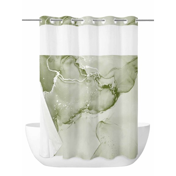 Sage Green Abstract No Hook Shower Curtain and Liner Set Silver Marble Ripples Clouds Luxury Shower Curtains with Snap-in Liner & See Through Top Window Hotel Style for Bathroom Decor 48x72 Inch