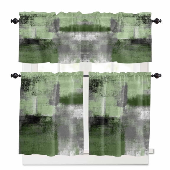 Sage Green Abstract Kitchen Curtains and Valances Set, Modern Green Gray Brush Strokes Texture Rod Pocket Window Valance Window Curtain Panels for Living Room Bedroom Laundry, 27.5x24in, 3 Pieces