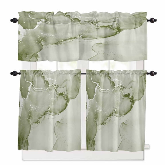 Sage Green Abstract Kitchen Curtains and Valances Set, Silver Marble Ripples Clouds Luxury Rod Pocket Window Valance 18 Inch Window Curtain Panels for Living Room Bedroom Laundry, 27.5x24in, 3 Pieces
