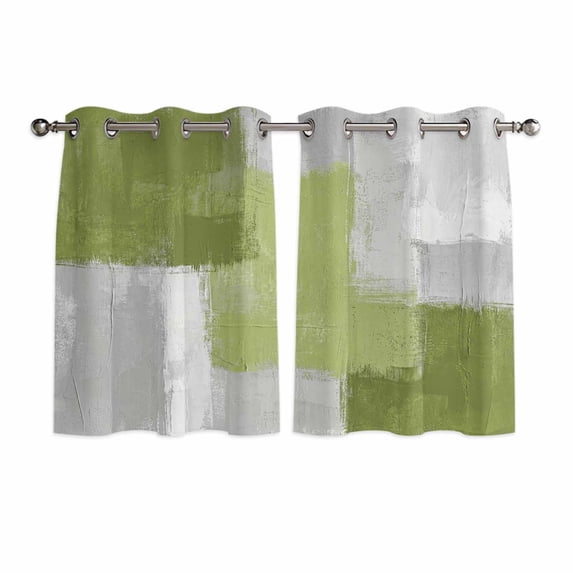 Sage Green Abstract Kitchen Curtains Window Panels, Grey Geometric Oil Painting Vintage Insulated Window Treatment Curtain, Grommet Curtains for Bedroom/Living Room/Bathroom, 2 Piece 42"Wx54"L