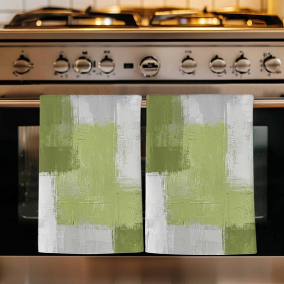Sage Green Abstract Kitchen Towels Set of 3, Grey Geometric Oil Painting Vintage Absorbent Dish Towels for Kitchen, Microfiber Hand Towel, Quick Drying Tea Towel for Cleaning Decorative Dishcloths