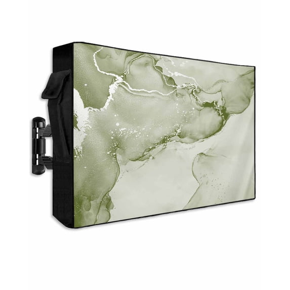 Sage Green Abstract Outdoor TV Cover 70 to 75 inch Silver Marble Ripples Clouds Luxury Waterproof Dustproof TV Covers for Outside with Zipper Remote Control Pocket Flat Screen Protectors
