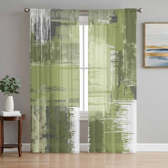 Sage Green Abstract Semi Sheer Curtains 96 Inch Length 2 Panels Set, Modern Mottled Art Oil Painting Sheer Kitchen Curtain Privacy Voile Window Curtain for Living Room Bedroom Rod Pocket Drapes