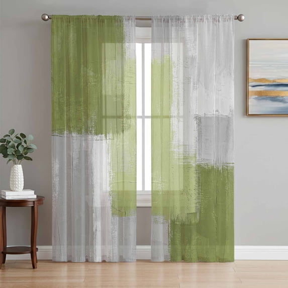 Sage Green Abstract Sheer Curtains 108 Inches Long 2 Panels Set, Window Sheer Curtains for Living Room/Bedroom, Grey Geometric Oil Painting Vintage Light Filtering Rod Pocket Curtain 52''x108''x2