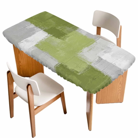 Sage Green Abstract Table Cloths for 6 Foot Rectangle Tables, Grey Geometric Oil Painting Vintage Patio Waterproof Elastic Fitted Tablecloths, Washable Rectangular Table Cover for Camping
