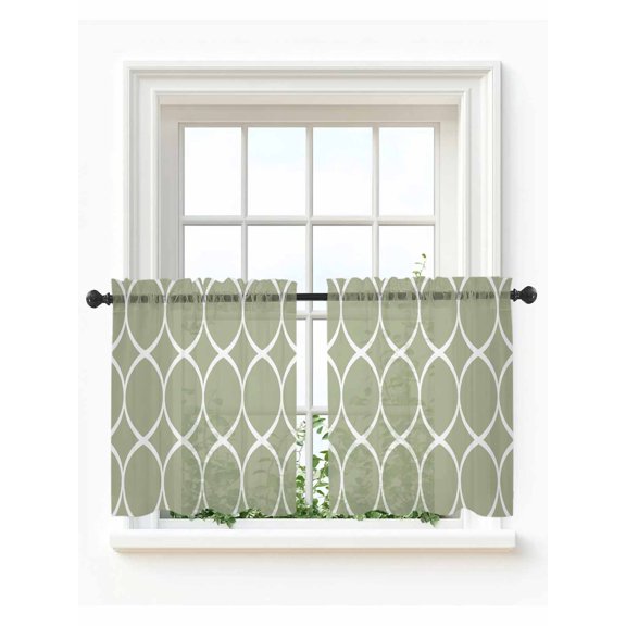 Sage Green Abstract Tier Curtains 24 Inch Length,Sheer Curtains for Bedroom Living Room Window Modern White Geometric Twisted Art Small Half Window Kitchen Curtains & Drapes 27.5"x24" 2 Panels