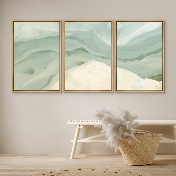 Sage Green Abstract Wave Wall Art Set, Neutral Brush Texture Artwork For Modern Living Rooms