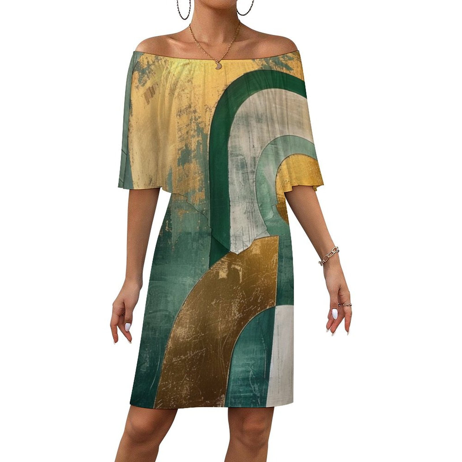 Sage Green And Gold Abstract Texture Women's Off The Shoulder Ruffles ...