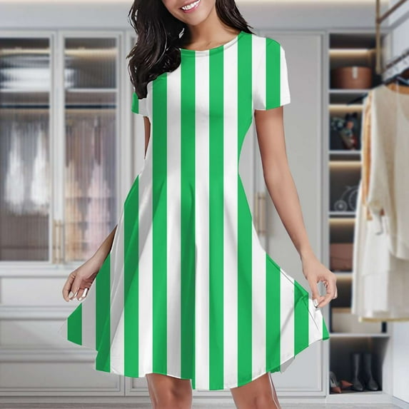 Sage Green And White Vertical Women's Classic Swing Skater Dress Casual Work Party Cocktail Dresses