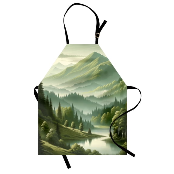 Sage Green Apron, Dreamy Scenario with Fantasy Meadow Woods and Mountain Range Fantasy Vibe, Unisex Kitchen Bib with Adjustable Neck for Cooking Gardening, Adult Size, Slate Brown Teal, by Ambesonne