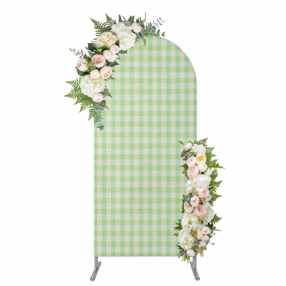 Sage Green Arch Backdrop Cover 4FT, Grid Checkered Plaid Gingham Lattice Trellis Spandex Fitted Stretchy Arch Stand Covers, Round Top Chiara Backdrop Cover for Wedding Party Birthday Baby Shower