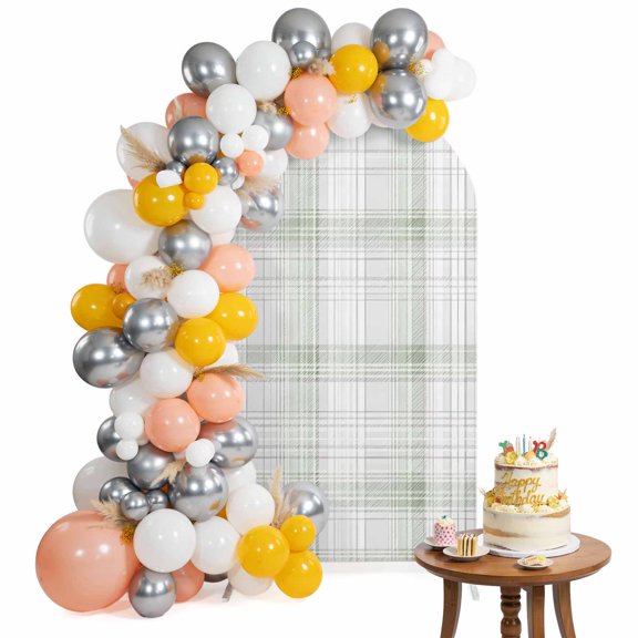 Sage Green Arch Backdrop Cover 4FT Spring Pastel Olive Tint Gray Grid Checkered Farmhouse Spandex Fitted Arch Covers Stretchy Backdrop Decoration for Wedding Birthday Graduation Party