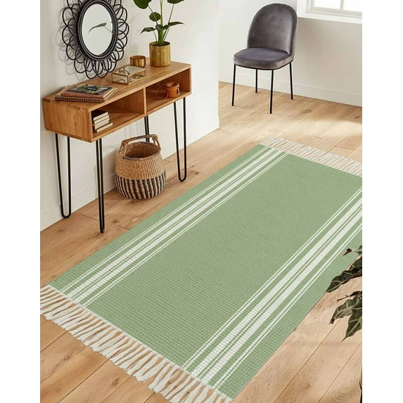 Sage Green Area Rug 3x5ft Woven Runner Rug,Farmhouse Sage Green White Striped Washable Living Room Hallway Bedroom Kitchen Carpet with Tassels,Non-Shedding Indoor Outdoor Throw Door Mat for Entryway