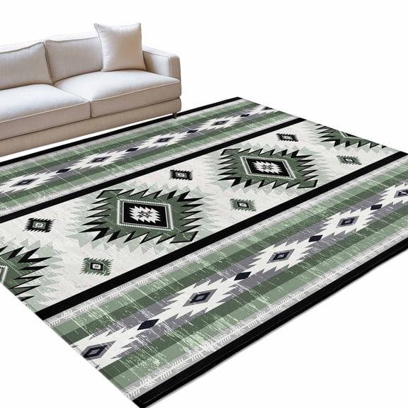 Sage Green Area Rug, Southwestern Native Aztec Ethnic Style Geometric Non-Slip Felt Rubber Backing Rectangle Indoor Carpet Washable Rugs for Living Room Bedroom 9x12