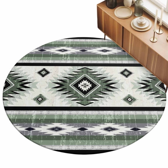 Sage Green Area Rug, Southwestern Native Aztec Ethnic Style Geometric Non-Slip Felt Rubber Backing Round Indoor Carpet Washable Rugs for Living Room Bedroom 3ft