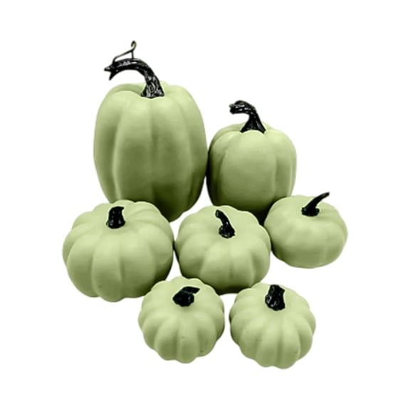 Sage Green Artificial Pumpkin Decorations with Black Stems, Set of 7 Assorted Sizes, for Home and Table, Fall Halloween Decor