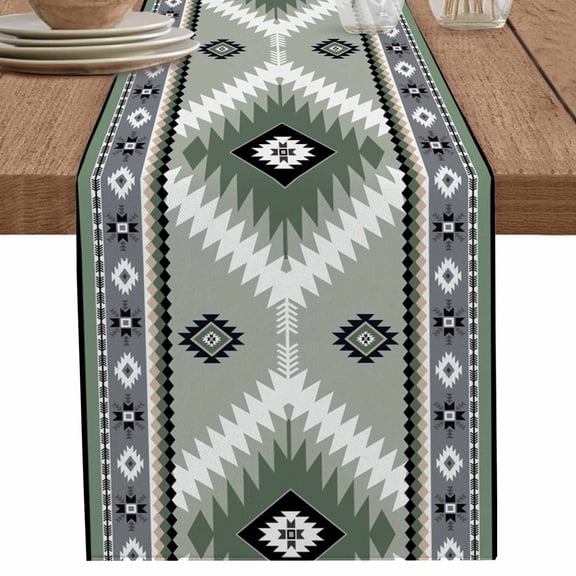 Sage Green Aztec Bohemian Ethnic Table Runner-70 Inch Long Abstract Geometric Table Runners Linen Burlap Tablerunner for Kitchen Dining Room Holiday Party