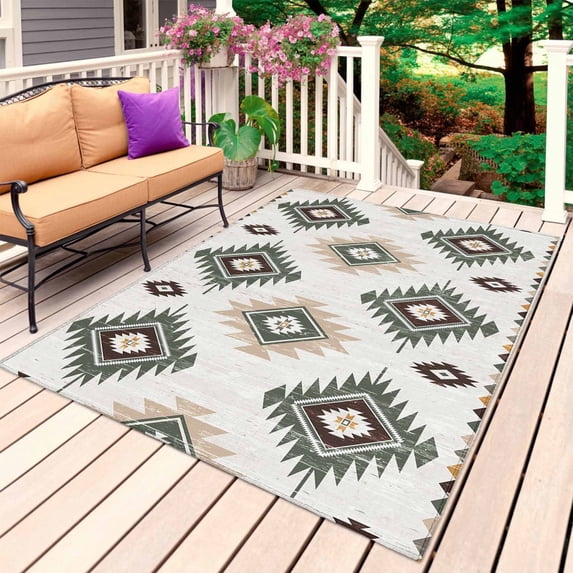 Sage Green Aztec Outdoor Rug for Patio/Deck/Porch, Non-Slip Large Area Rug 4 x 6 Ft, Southwest Boho Ethnic Chic Motifs Indoor Outdoor Rugs Washable Area Rugs, Reversible Camping Rug Carpet Runner