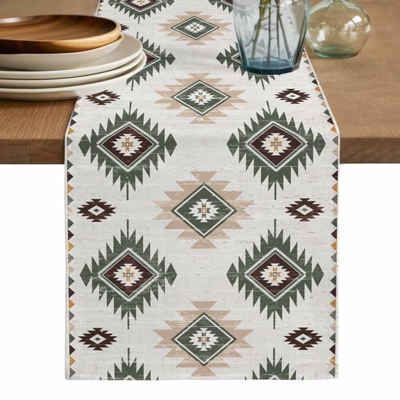 Sage Green Aztec Table Runner, Southwest Boho Ethnic Chic Motifs Washable Cotton Linen Table Runners 36 Inches Long, Dresser Scarf Runner for Nightstand/End Tables/Round Tables 13''x36''