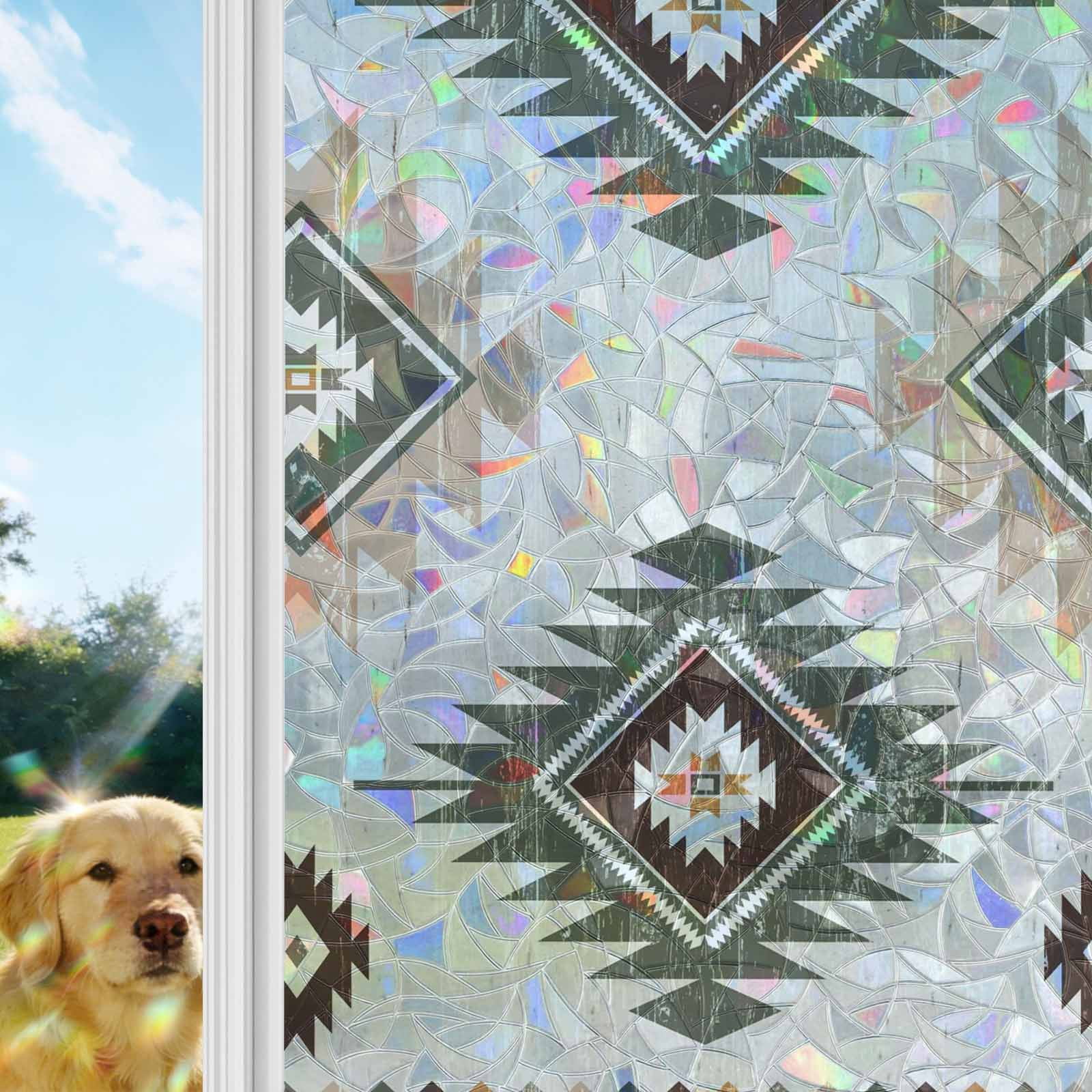 Sage Green Aztec Window Privacy Film Stain Glass,Reusable Decorative Rainbow Window Film,Southwest Boho Ethnic Chic Motifs Static Cling Sun Blocking Stickers Decals Covers 23.6" x 78.7" (2pcs)