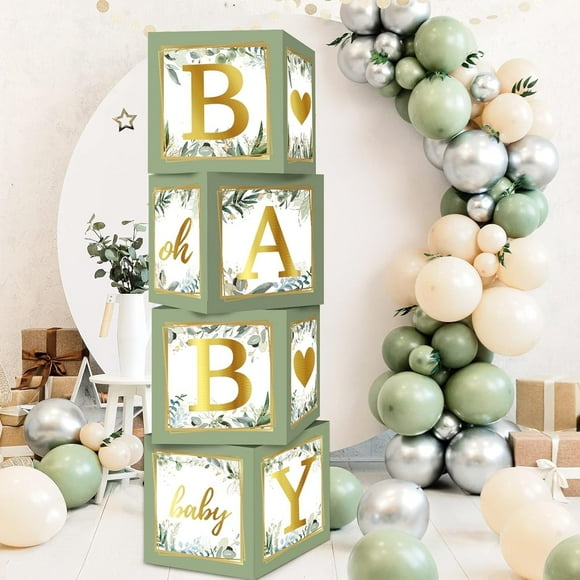 Happy Greetings Sage Green Baby Boxes with Letters for Baby Shower Decorations, 4 Pack