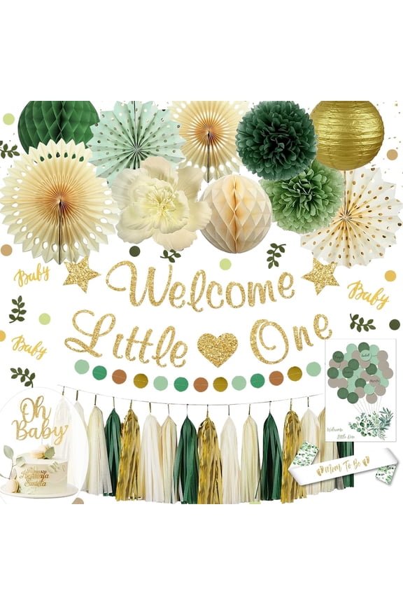 Sage Green Baby Shower Decorations, Baby Shower Decoration Neutral for Girl Boy paper lantern Paper Fans Cake Topper Tissue Paper Pom Poms Gender Neutral Decorations