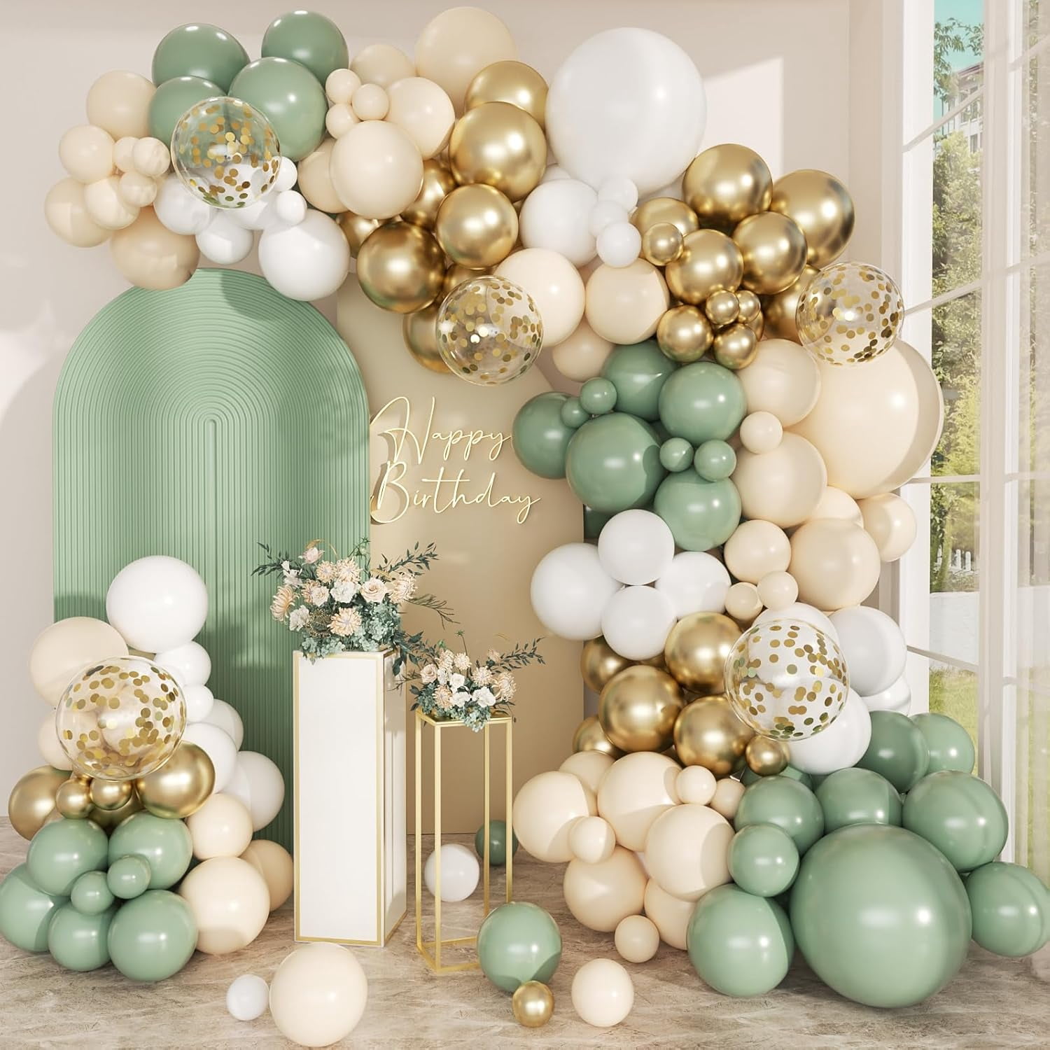 Sage Green Balloon Arch Kit, 168 Pcs Olive Green Balloon Garland, 18 12 10 Inch Confetti Gold Metallic Latex Balloons for Baby Shower Bridal Shower Birthday Wild One Party Decorations