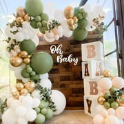 Sage Green Balloon Garland Arch Kit,150Pcs Olive Green Balloons Arch Set with White Latex Balloon Gold Metallic Latex Balloon for Boys Girls Baby Shower,Birthday Party,Jungle Safari Party Decoration