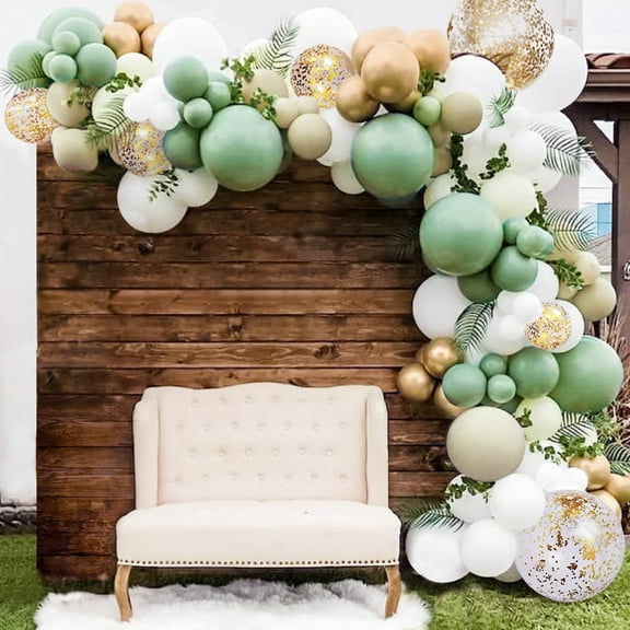 Sage Green Balloon Garland Kit with Matte Sage Olive, Taupe, White, Gold Metallic, Confetti Balloons
