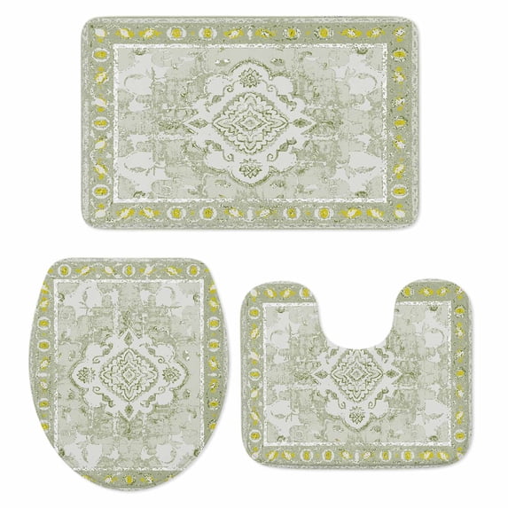 Sage Green Bath Mat 3 Piece Bathroom Rug Set, Boho Retro Decorative Abstract Floral Ethnic Non Slip Bath Rug Contour Mat and Toilet Lid Cover, Absorbent Shower Mats Soft Bath Rugs and Mats Sets