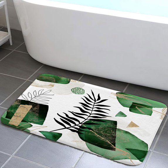 Sage Green Bath Rugs for Bathroom, Abstract Boho Green Gold Leaves Minimalist Bathroom Rug Bath Mat Set Floor Mats, Tropical Plant Floral Mid Century Doormat