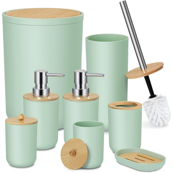 Sage Green Bathroom Accessories, 8 Pack Bathroom Decor Accessory Set Complete with Trash Can, Bamboo Bath Essentials Sets Soap Dispenser Toothbrush Holder Toilet Brush Holders Soap Dish
