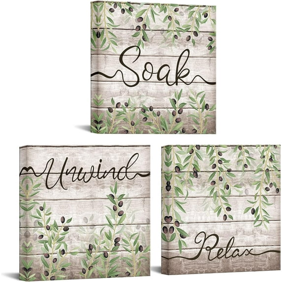 Sage Green Bathroom Canvas Relax Soak Unwind Sign Wall Art Olive Green Leaves Painting Prints Botanical Picture Artwork for Bathroom