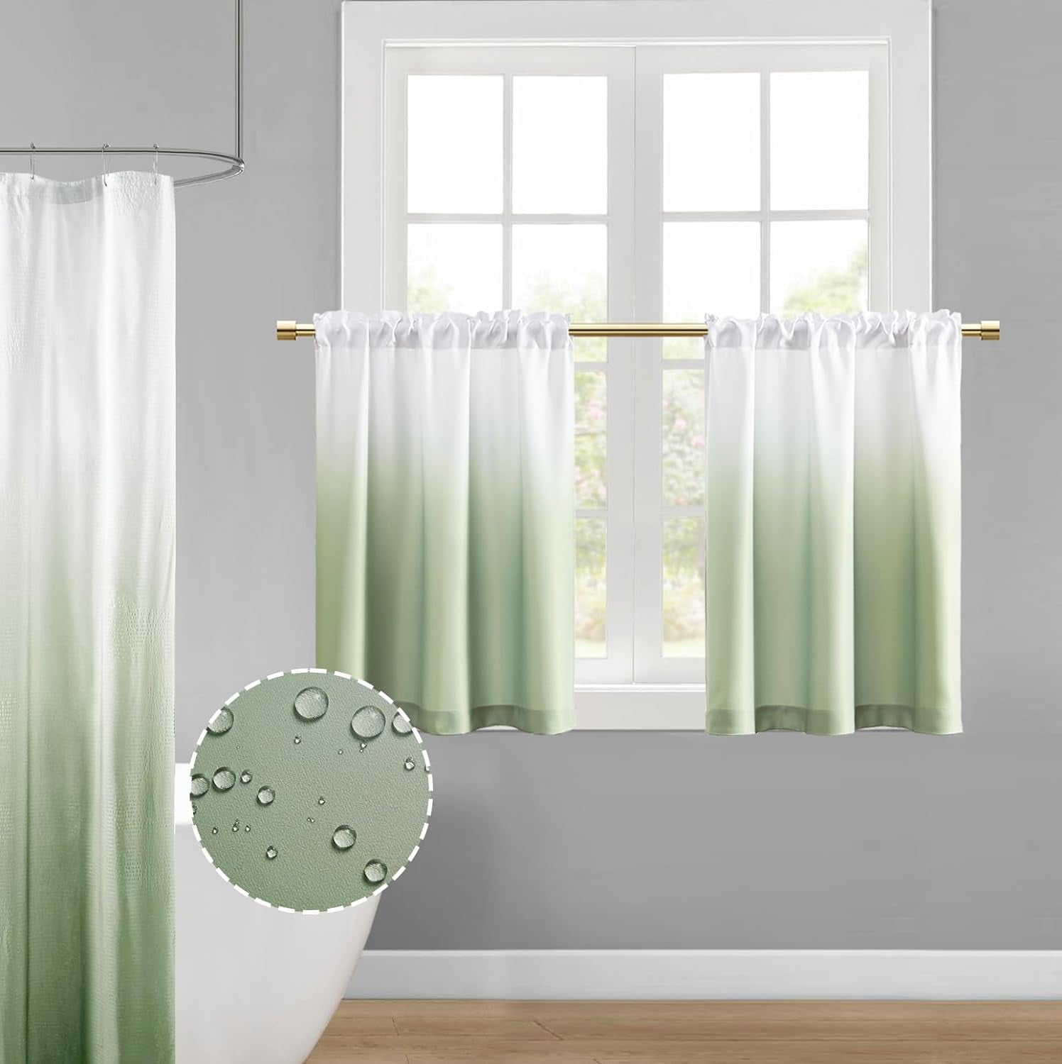 Sage Green Bathroom Curtains For Window,Spring Boho Kitchen Decor,Waterproof Ombre Matching