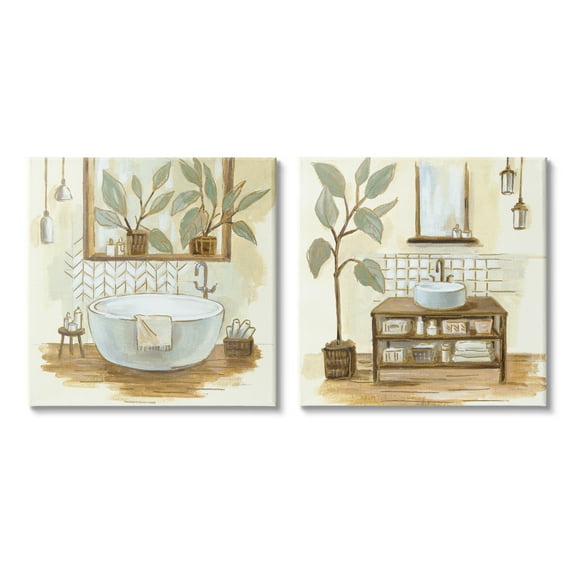 Sage Green Bathroom Interiors Traditional Plants Botanical & Floral Gallery-Wrapped Canvas Print Wall Art, Set of 2, 17x17