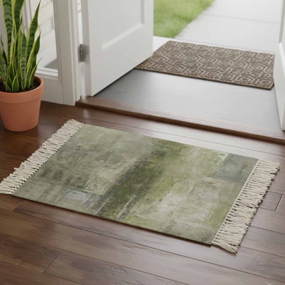Sage Green Bathroom Rug 2'x3',Retro Oil Painting Modern Abstract Art Aesthetics Low Profile Front Entryway Rug with Tassels,Woven Cotton Washable Kitchen Mat Carpet for Foyer Bedroom Back Door Decor