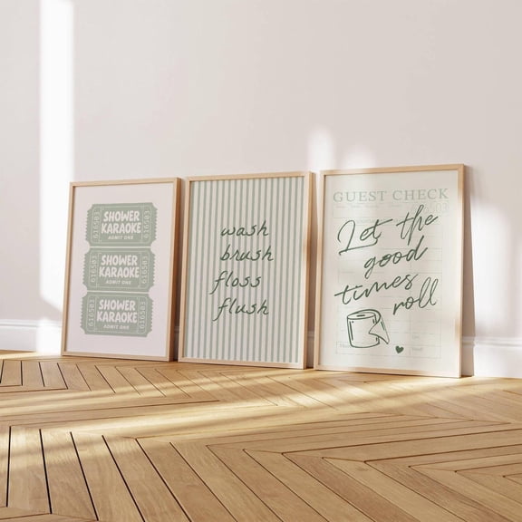 Sage Green Bathroom Wall Art Set Of 3, Funny Toilet Prints, Wash Brush Floss Flush Mint Decor